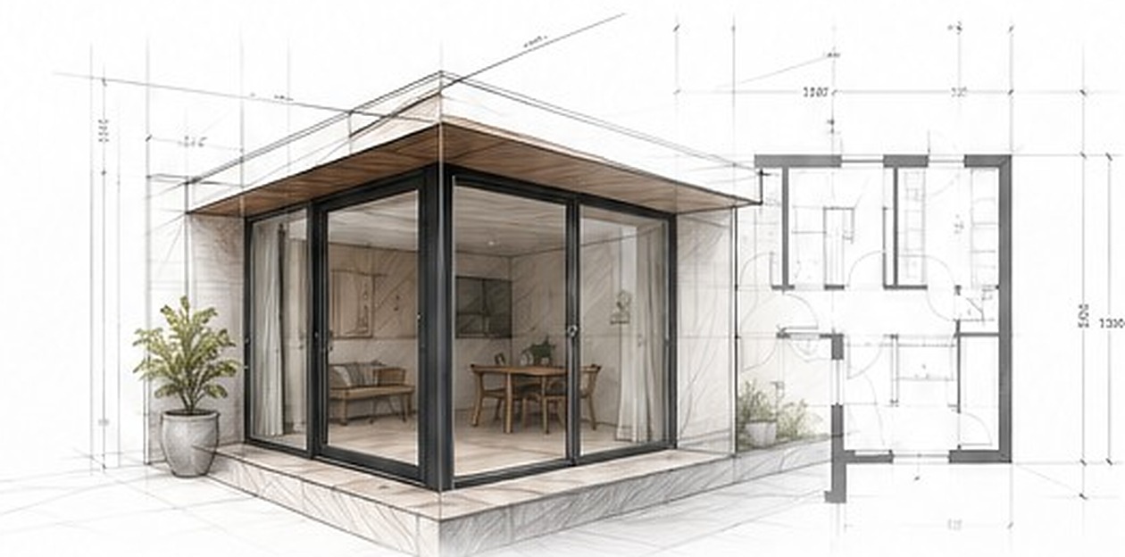 Architectonische visualisatie van een moderne aanbouw met bouwkundige tekenlijnen